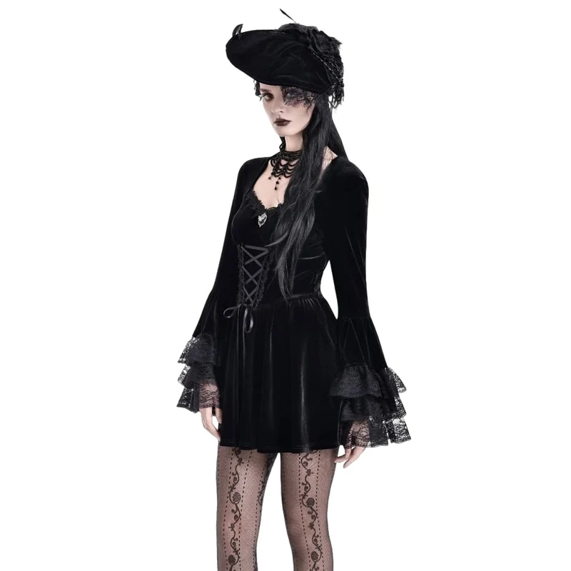 Gothic-Kleid für Damen mit Schnürung, eckigem Kragen und ausgestellten Ärmeln – Abschlusskleid