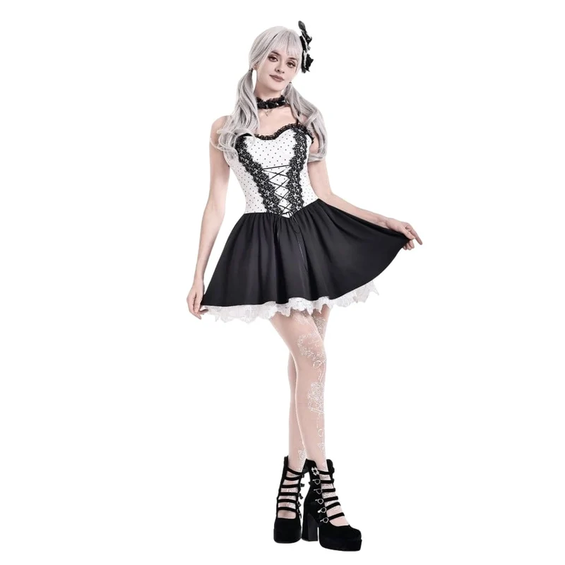 Gothic-Kleid mit Polka-Dots, Schnürung und ausgestelltem Rock für Damen, Abschlusskleid