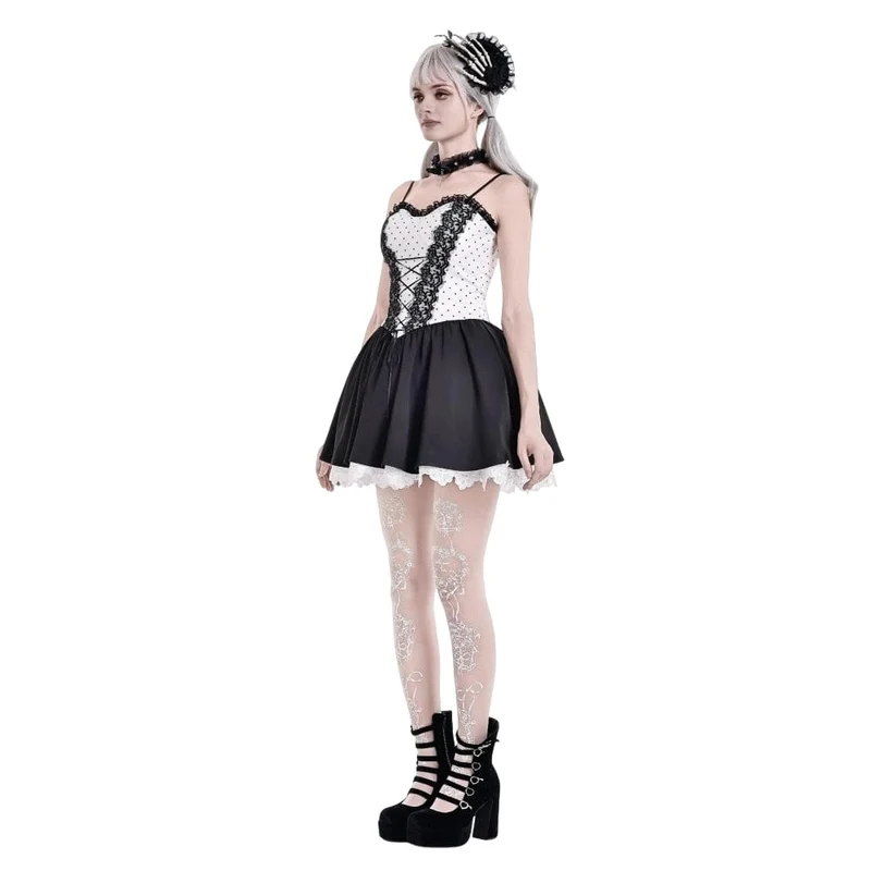 Gothic-Kleid mit Polka-Dots, Schnürung und ausgestelltem Rock für Damen, Abschlusskleid