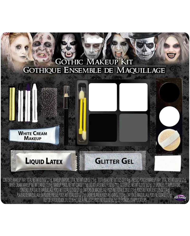 Gothic Schwarz-Weiß Schminkset 15-teilig