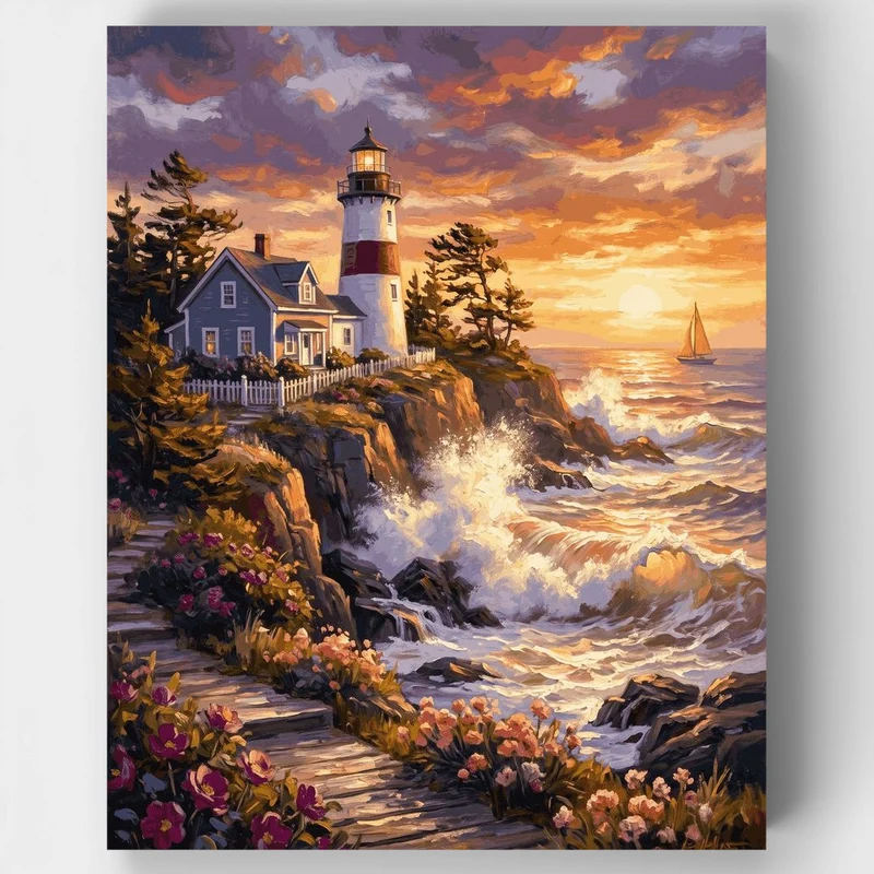 "Rose Cliff Lighthouse Sunset" Paint by Numbers Kit