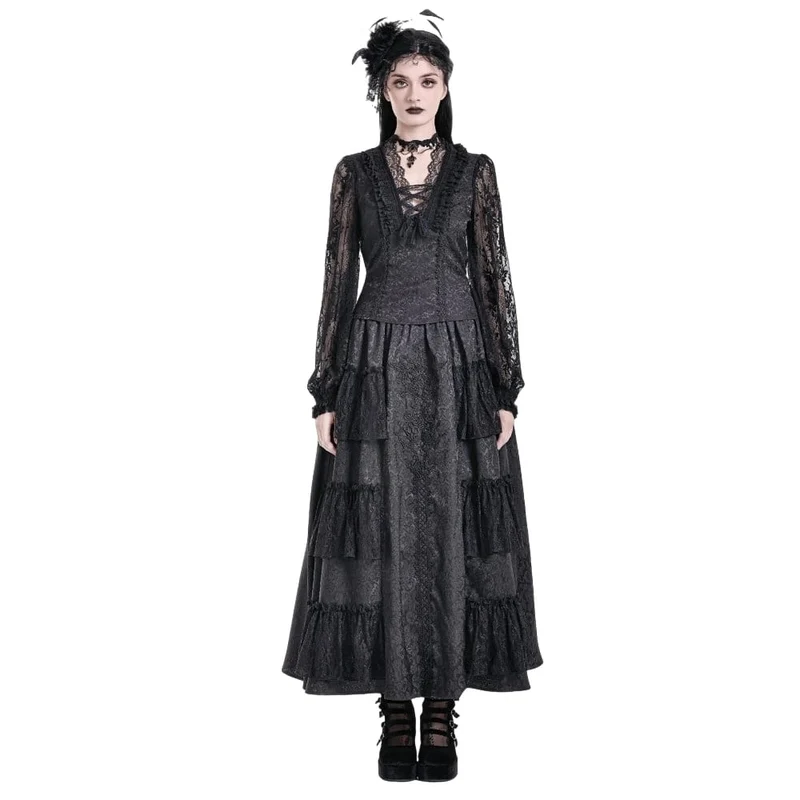 Gothic-Damen-Top mit Schnürung, Rüschen, Blumenmuster und Bischofsärmeln