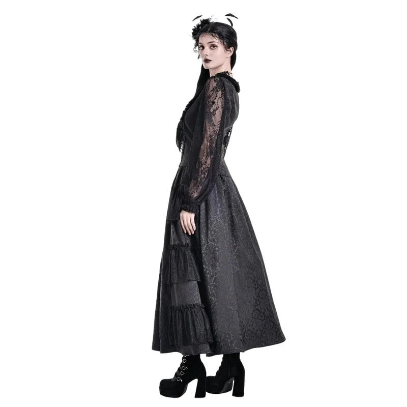 Gothic-Damen-Top mit Schnürung, Rüschen, Blumenmuster und Bischofsärmeln