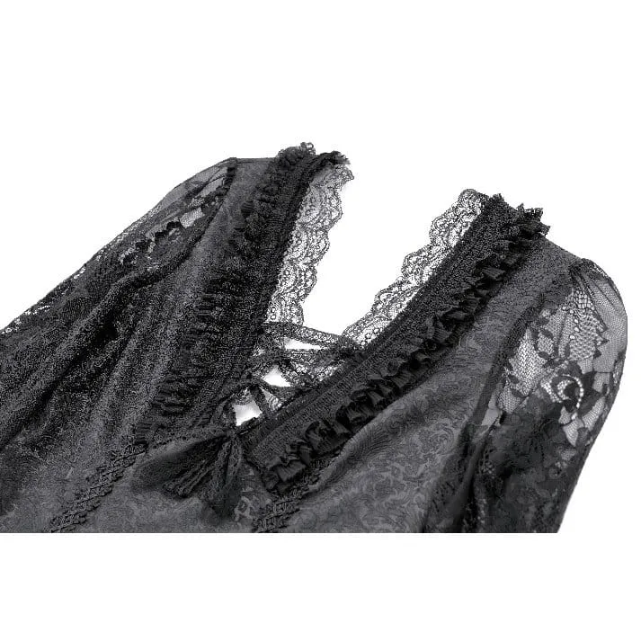 Gothic-Damen-Top mit Schnürung, Rüschen, Blumenmuster und Bischofsärmeln