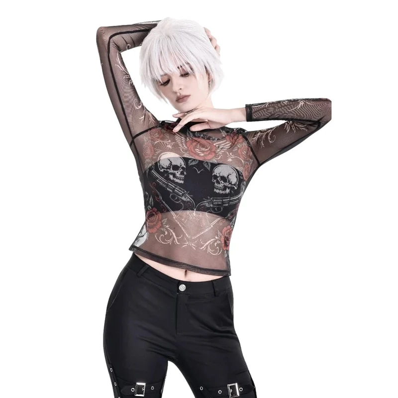 Gothic-Damen-Top mit Rosen-Totenkopf-Print, transparentem Mesh-Einsatz und langen Ärmeln
