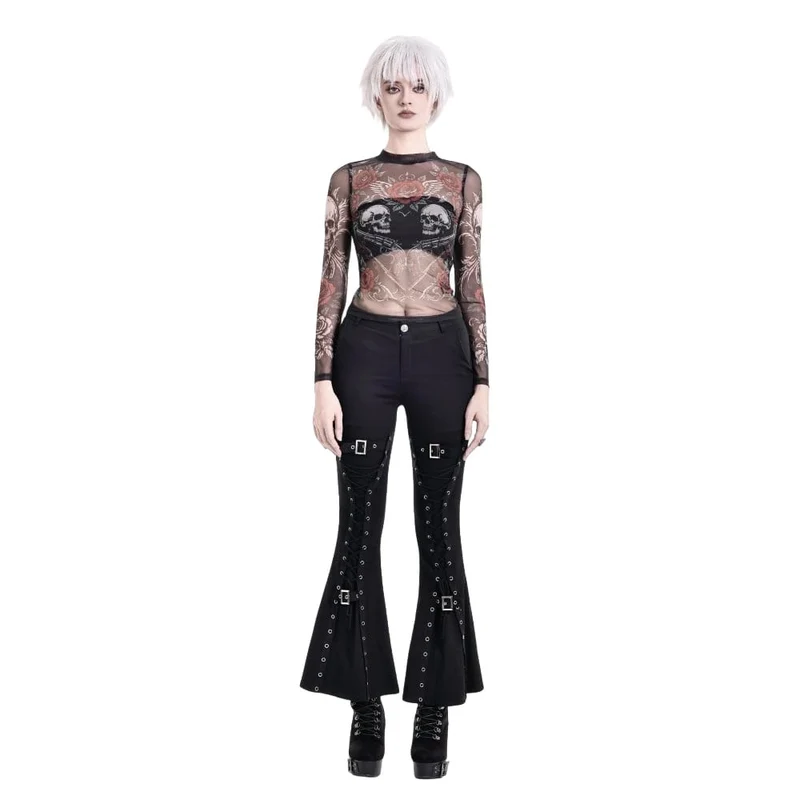 Gothic-Damen-Top mit Rosen-Totenkopf-Print, transparentem Mesh-Einsatz und langen Ärmeln