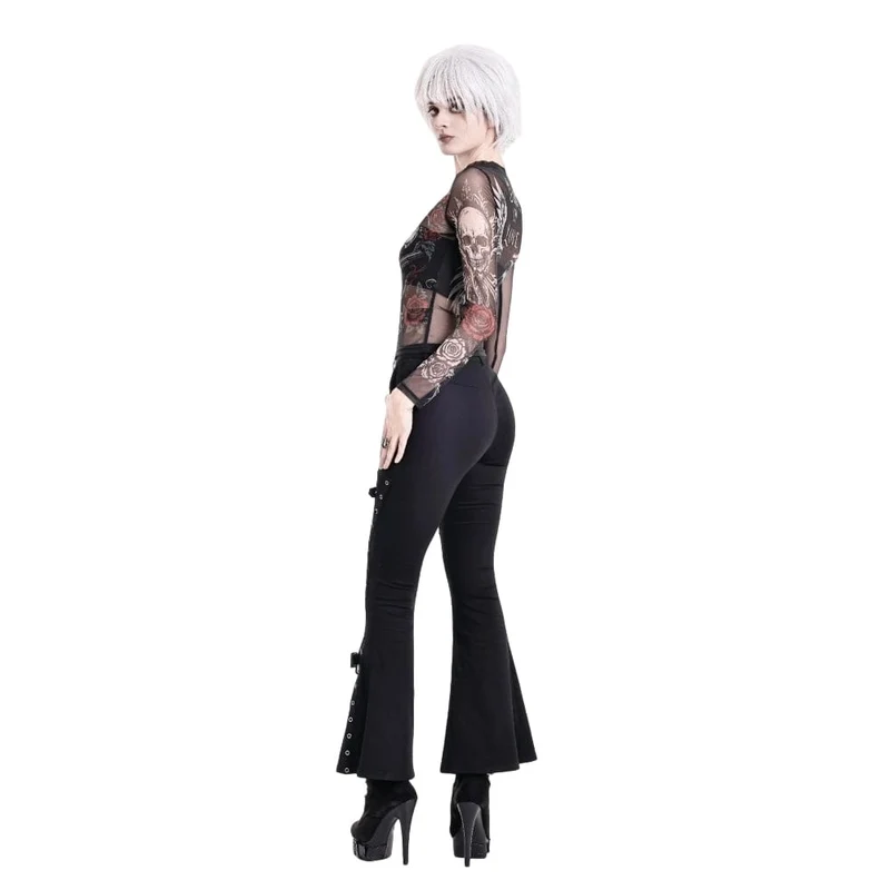 Gothic-Damen-Top mit Rosen-Totenkopf-Print, transparentem Mesh-Einsatz und langen Ärmeln