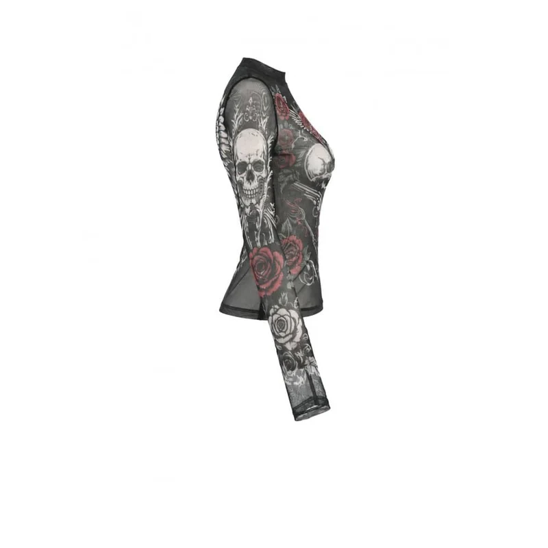 Gothic-Damen-Top mit Rosen-Totenkopf-Print, transparentem Mesh-Einsatz und langen Ärmeln