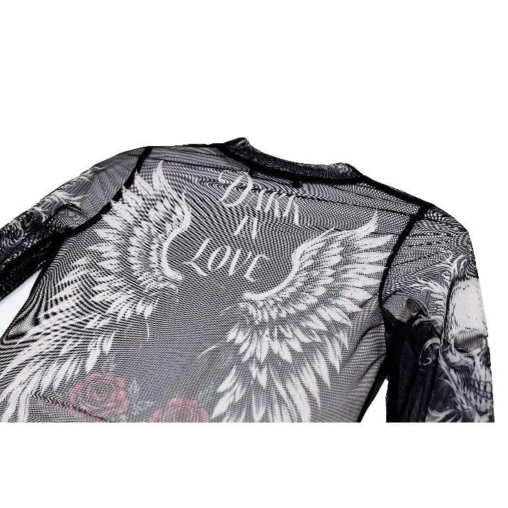 Gothic-Damen-Top mit Rosen-Totenkopf-Print, transparentem Mesh-Einsatz und langen Ärmeln