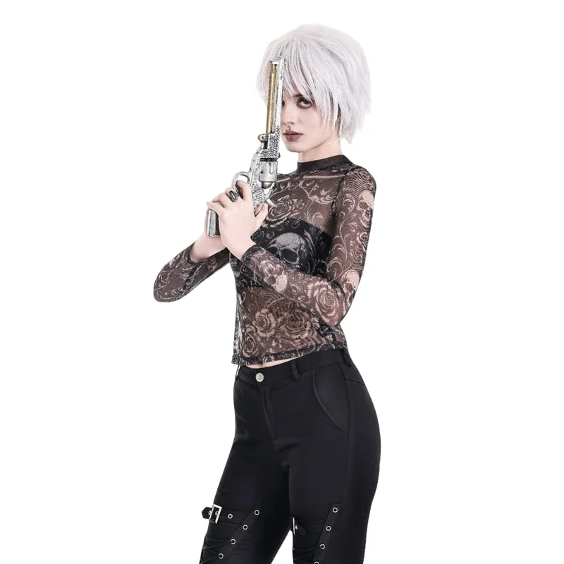 Gothic-T-Shirt für Damen mit Totenkopf- und Blumenmuster, transparentem Mesh-Einsatz und langen Ärmeln