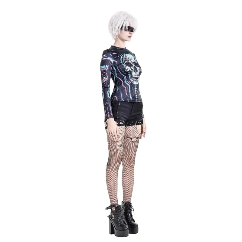 Damen Cyberpunk Neon Circuit Totenkopf-Print Stehkragen Langarmshirt