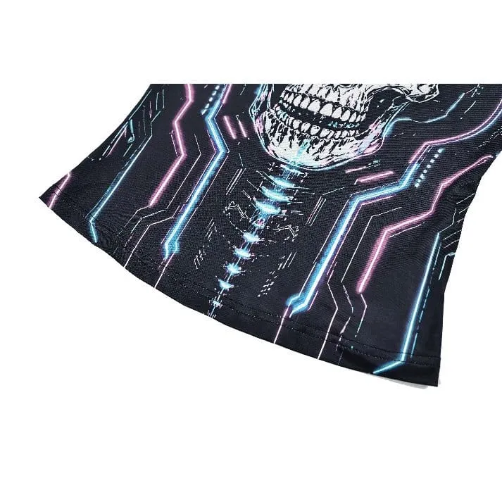 Damen Cyberpunk Neon Circuit Totenkopf-Print Stehkragen Langarmshirt