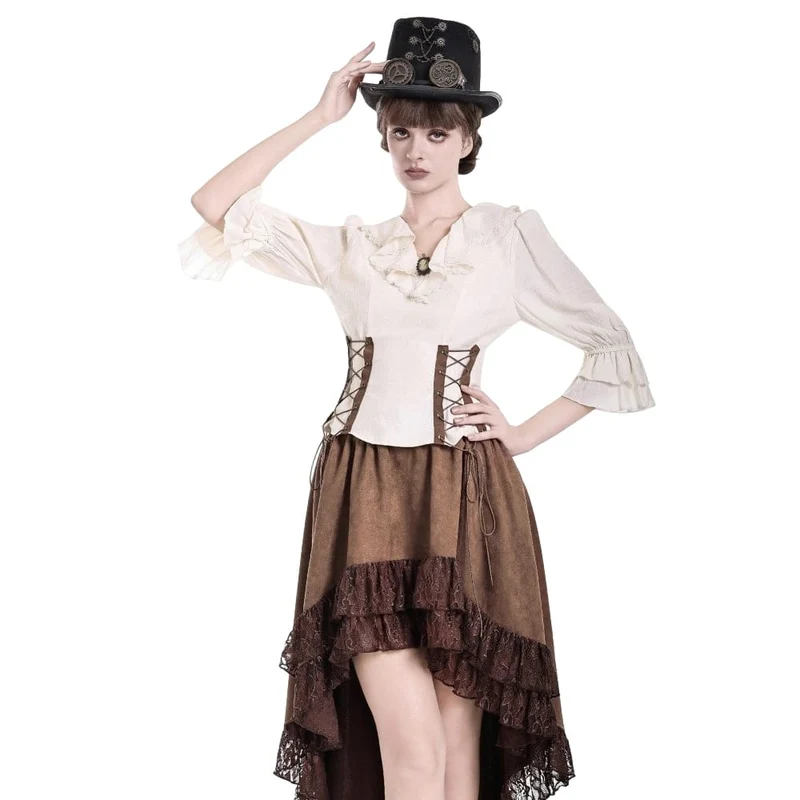 Steampunk-Bluse für Damen mit Schnürung, Rüschen, V-Ausschnitt und 3/4-Ärmeln
