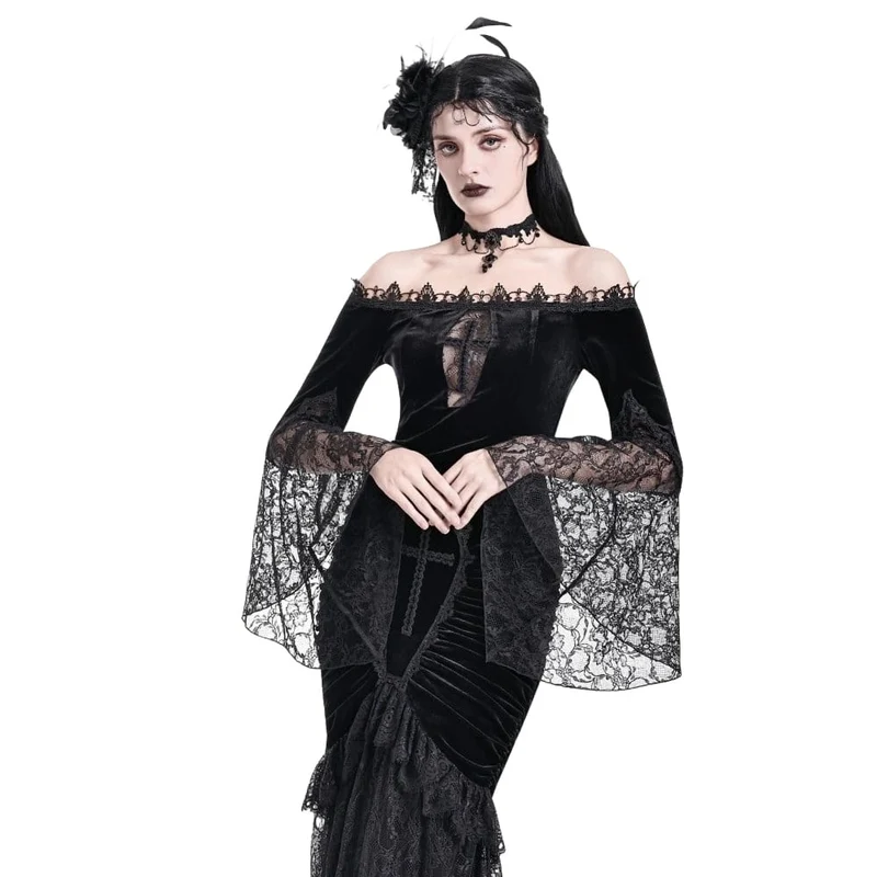 Gothic-Samttop für Damen mit floralem Spitzen-Patchwork, schulterfreiem Design und Glockenärmeln