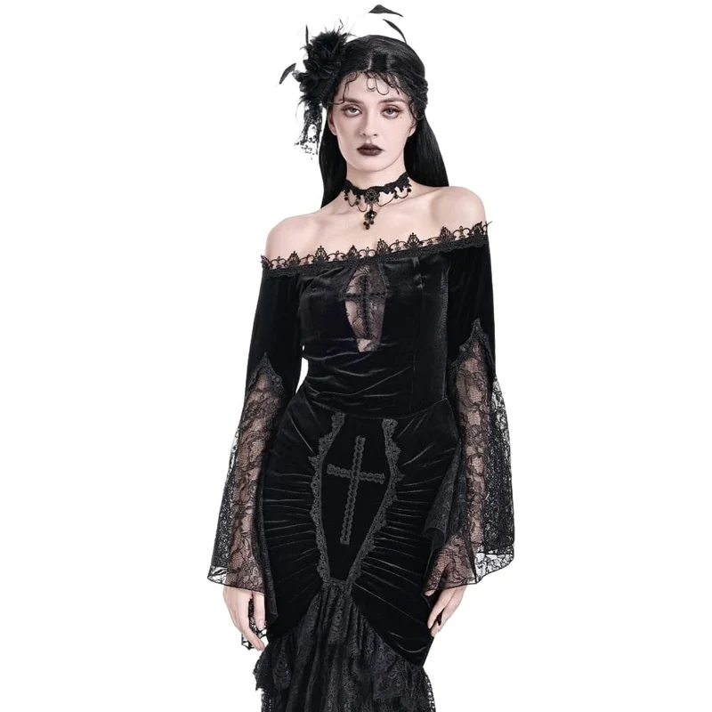 Gothic-Samttop für Damen mit floralem Spitzen-Patchwork, schulterfreiem Design und Glockenärmeln