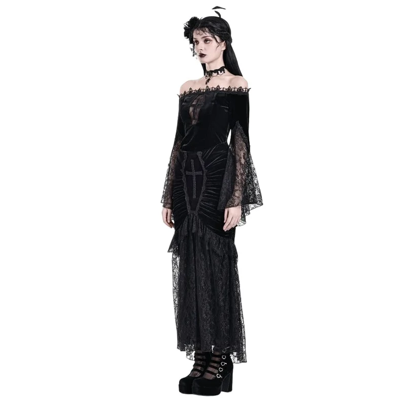 Gothic-Samttop für Damen mit floralem Spitzen-Patchwork, schulterfreiem Design und Glockenärmeln
