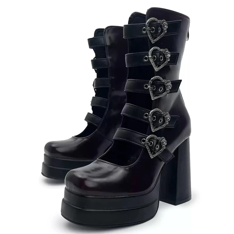 Gothic-Stiefeletten für Damen mit herzförmigen Schnallen, mehreren Riemen, Cut-outs und Blockabsatz