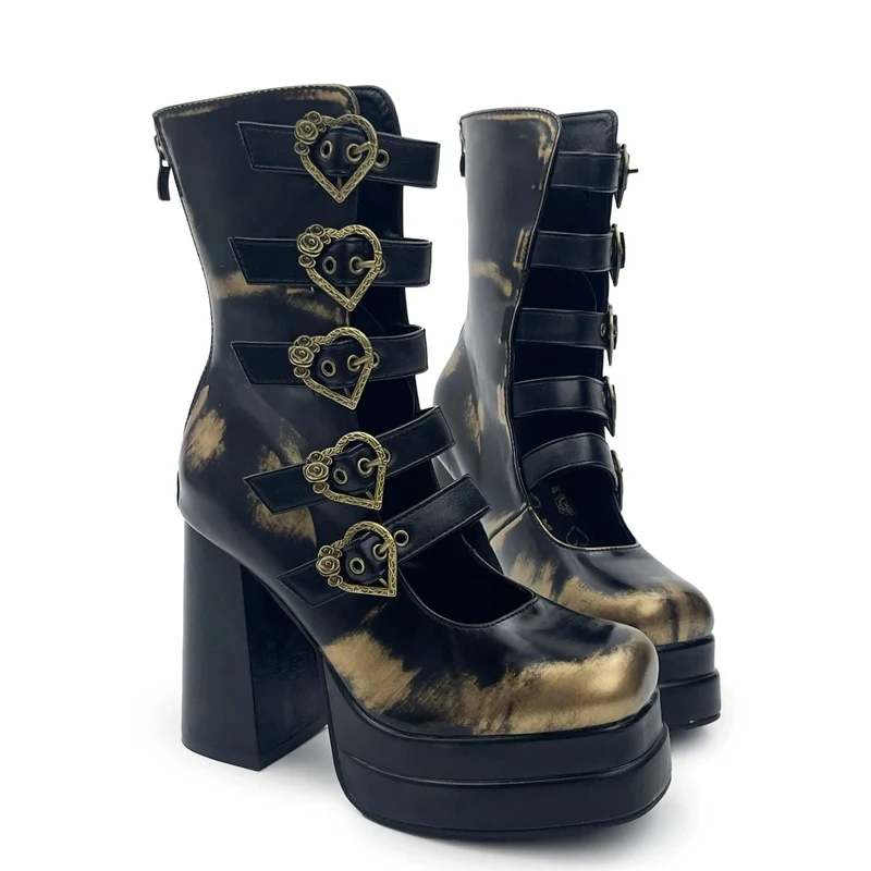 Gothic-Stiefeletten für Damen mit herzförmigen Schnallen, mehreren Riemen, Cut-outs und Blockabsatz