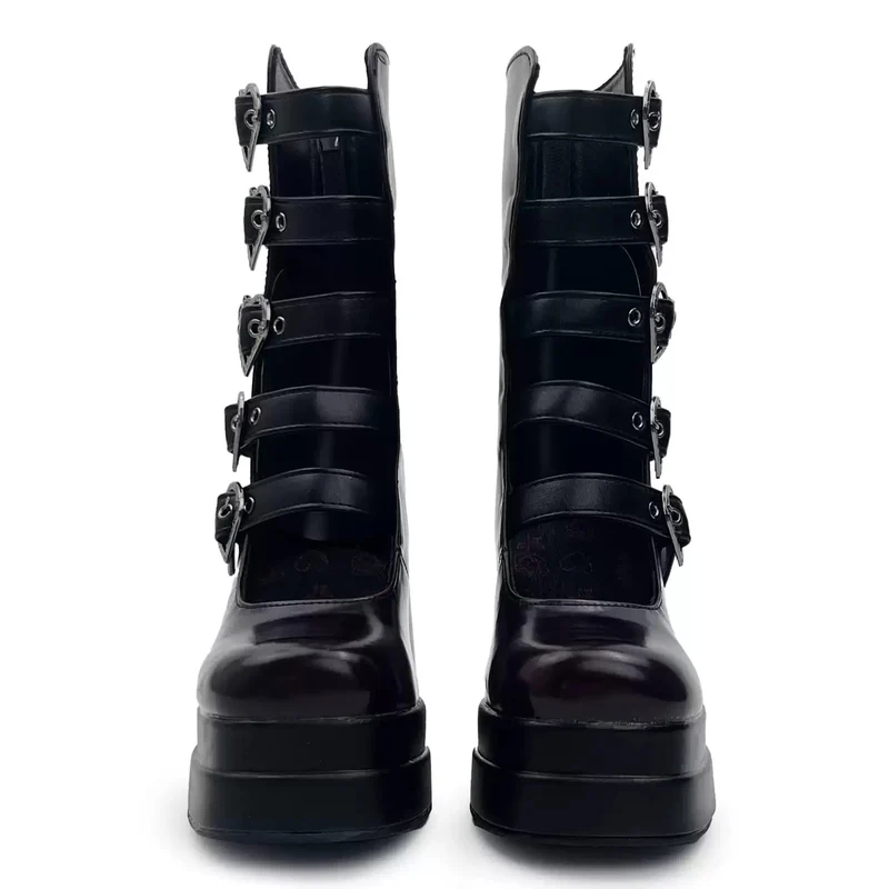 Gothic-Stiefeletten für Damen mit herzförmigen Schnallen, mehreren Riemen, Cut-outs und Blockabsatz