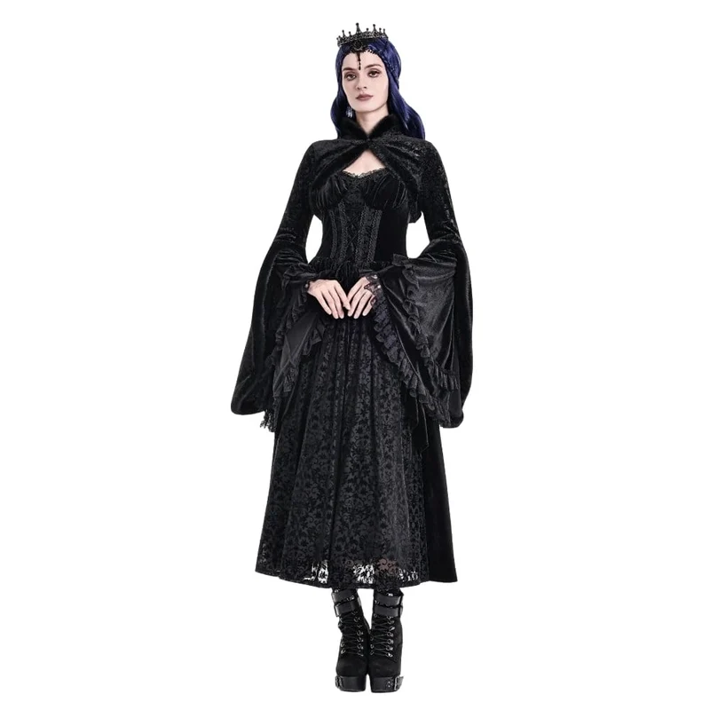 Gothic-Cape für Damen mit Jacquard-Muster, Kunstpelzbesatz und Froschknopfverschluss, kurz geschnitten