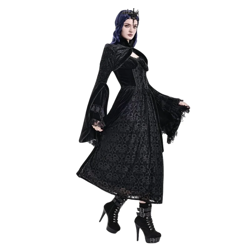 Gothic-Cape für Damen mit Jacquard-Muster, Kunstpelzbesatz und Froschknopfverschluss, kurz geschnitten
