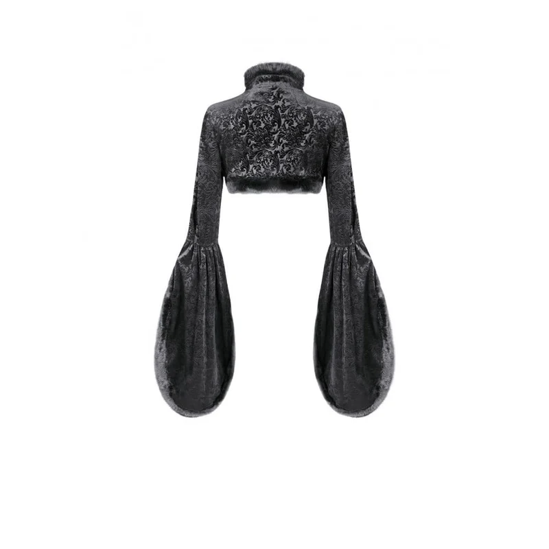 Gothic-Cape für Damen mit Jacquard-Muster, Kunstpelzbesatz und Froschknopfverschluss, kurz geschnitten