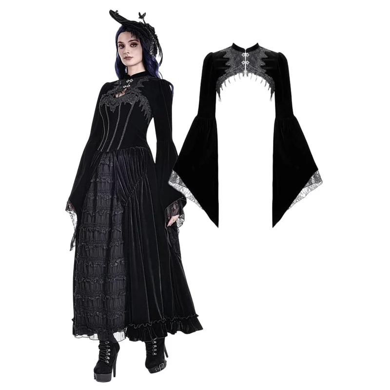Gothic-Umhang aus Samt für Damen mit Spitzenapplikationen, ausgestellten Ärmeln.