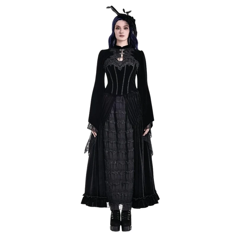 Gothic-Umhang aus Samt für Damen mit Spitzenapplikationen, ausgestellten Ärmeln.