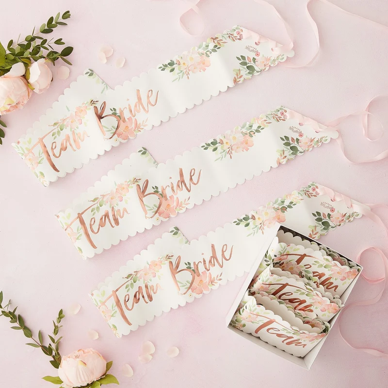 Schärpe "Team Bride" Roségold Floral 6 Stk.