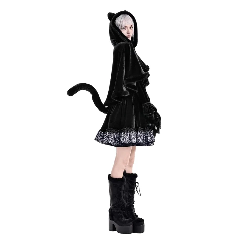 Gothic-Umhang für Damen aus Samt mit Katzenohren, Kunstpelzbesatz und Kapuze, Katzenohren und Kapuze