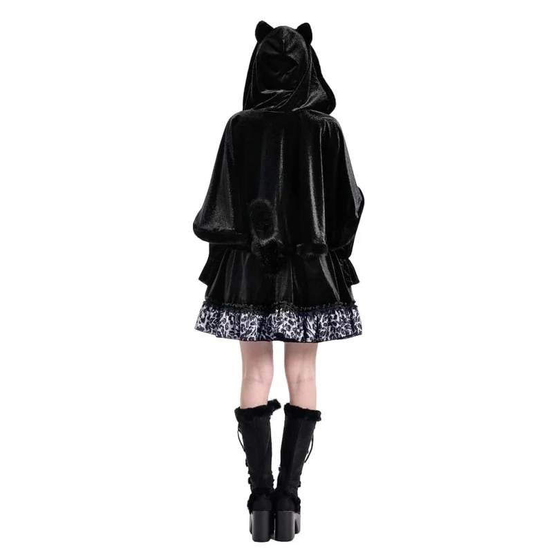 Gothic-Umhang für Damen aus Samt mit Katzenohren, Kunstpelzbesatz und Kapuze, Katzenohren und Kapuze
