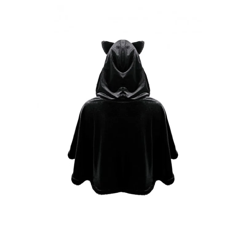 Gothic-Umhang für Damen aus Samt mit Katzenohren, Kunstpelzbesatz und Kapuze, Katzenohren und Kapuze