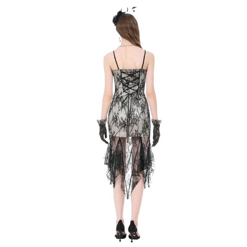 Gothic-Kleid für Damen mit floraler Stickerei, Spitze und unregelmäßigem Saum