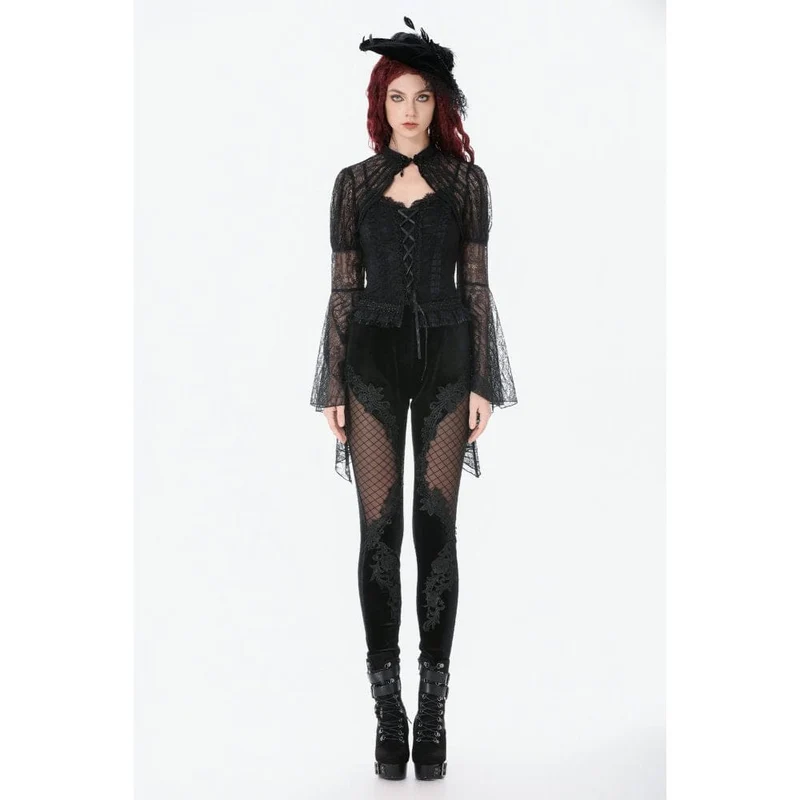 Gothic Leggings für Damen aus Samt mit floralem Mesh-Patchwork-Einsatz und Netzmuster
