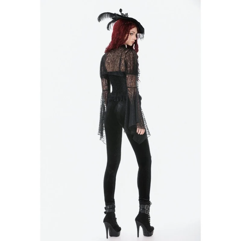 Gothic Leggings für Damen aus Samt mit floralem Mesh-Patchwork-Einsatz und Netzmuster