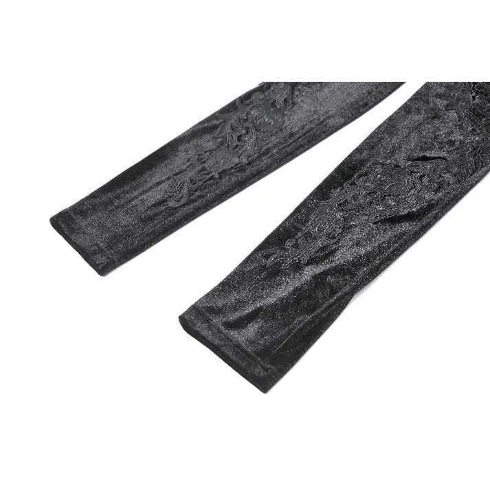 Gothic Leggings für Damen aus Samt mit floralem Mesh-Patchwork-Einsatz und Netzmuster