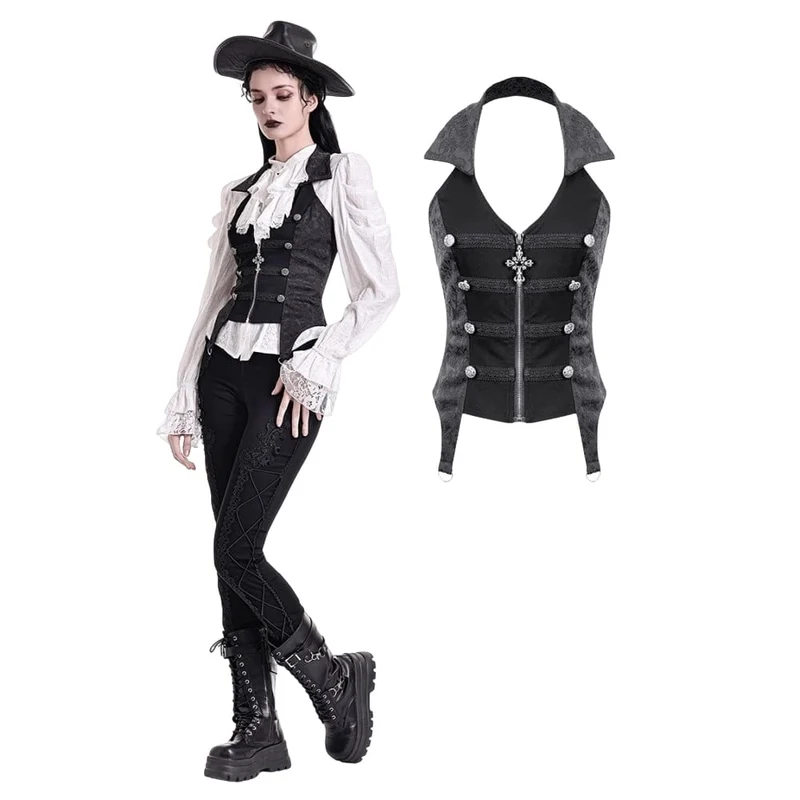 Gothic-Weste für Damen mit Neckholder, Reverskragen und Reißverschluss aus Jacquard-Stoff