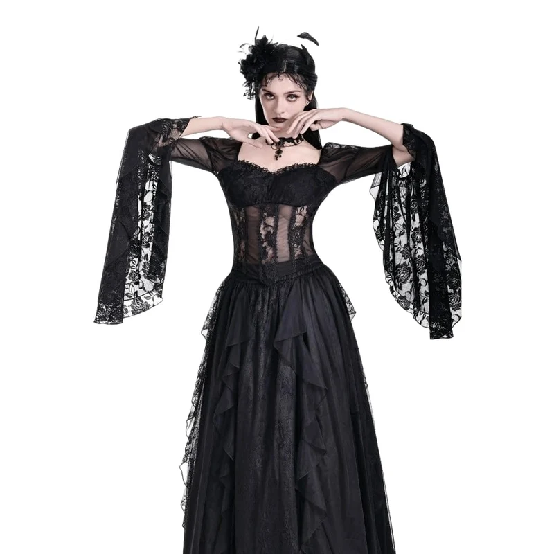Gothic-Top für Damen, transparent, mit Rosen-Spitze, Rüschen und ausgestellten Ärmeln