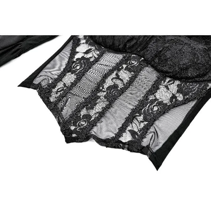 Gothic-Top für Damen, transparent, mit Rosen-Spitze, Rüschen und ausgestellten Ärmeln