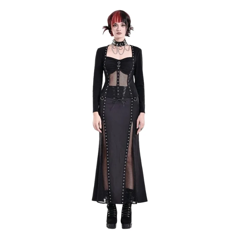 Cyberpunk-Damen-Top mit Nietenbesatz, Mesh-Patchwork, eckigem Kragen und langen Ärmeln