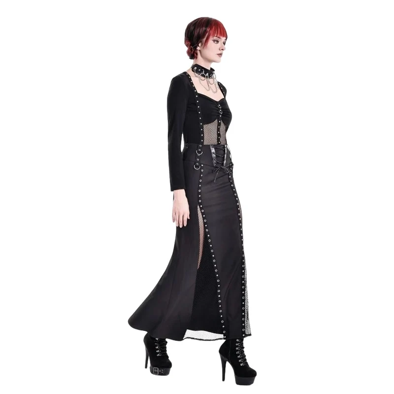 Cyberpunk-Damen-Top mit Nietenbesatz, Mesh-Patchwork, eckigem Kragen und langen Ärmeln