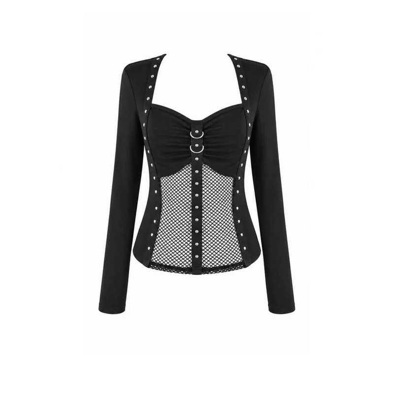 Cyberpunk-Damen-Top mit Nietenbesatz, Mesh-Patchwork, eckigem Kragen und langen Ärmeln