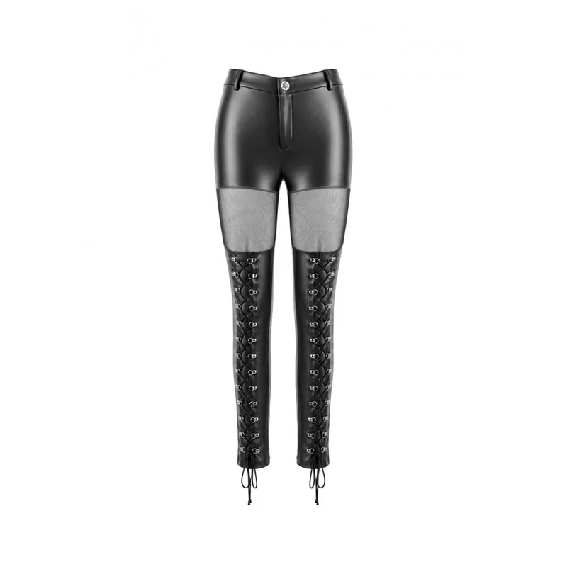 Cyberpunk Damen-Skinny-Hose aus transparentem Mesh-Patchwork mit Schnürung und Kunstleder