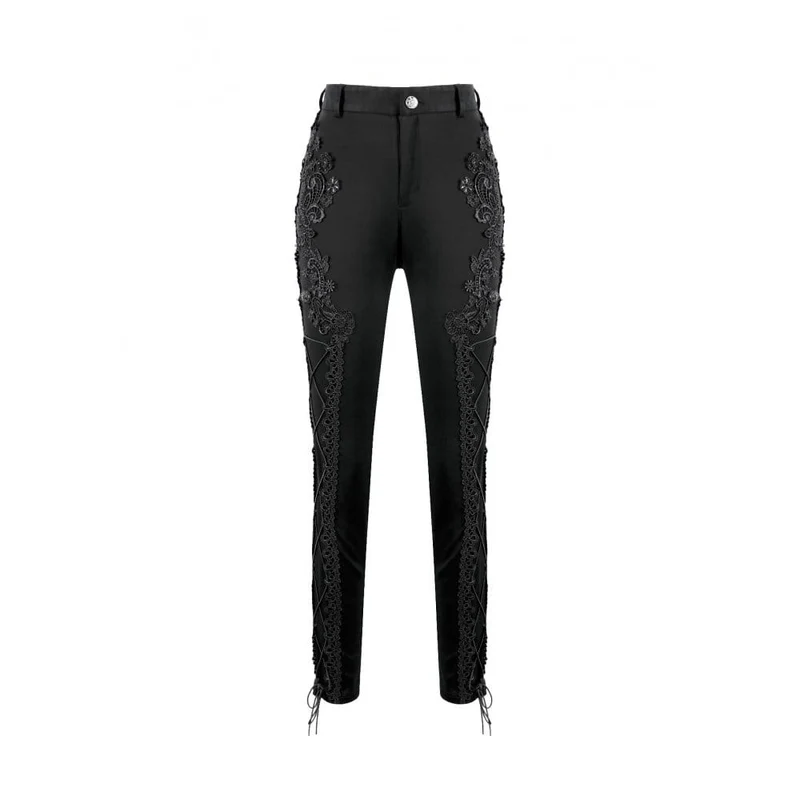 Gothic-Skinny-Hose für Damen mit floraler Spitzenapplikation und Schnürung