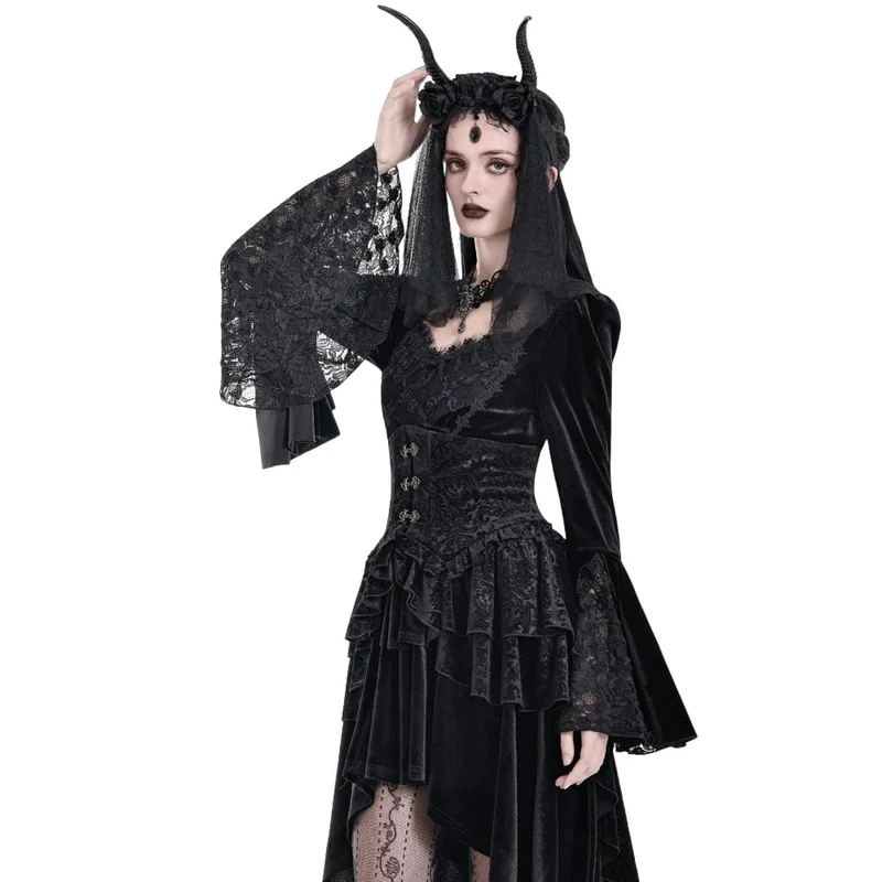 Gothic-Stufenrock aus geprägtem Samt mit Rüschen, asymmetrischem Saum und Unterbrust-Korsett für Damen