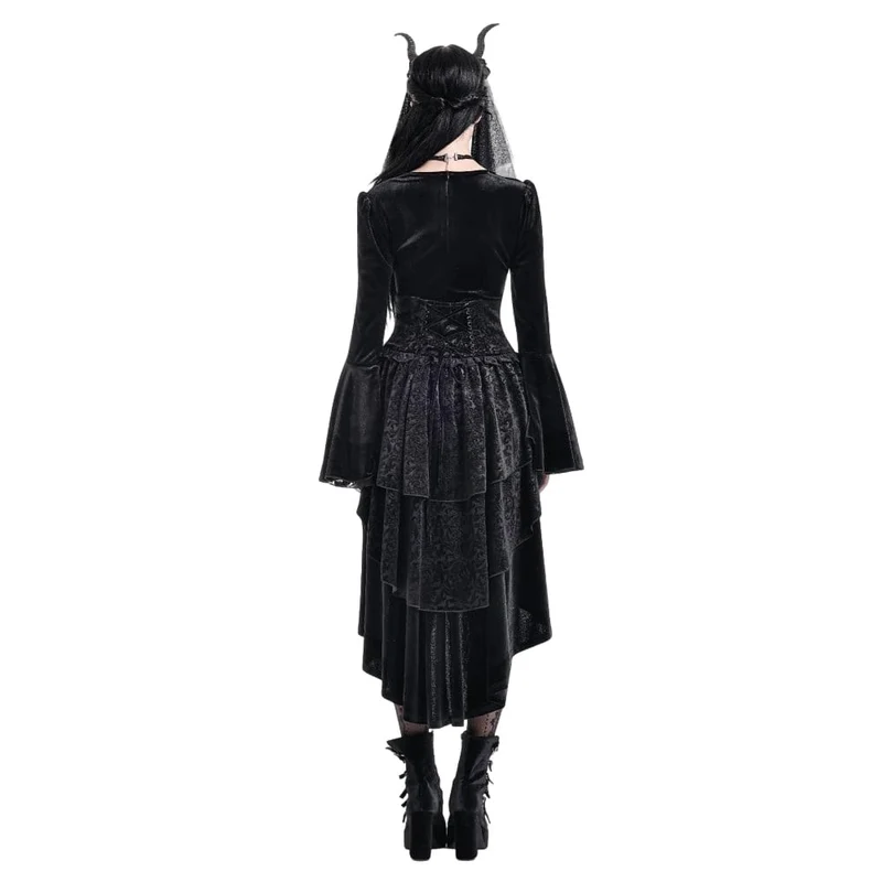 Gothic-Stufenrock aus geprägtem Samt mit Rüschen, asymmetrischem Saum und Unterbrust-Korsett für Damen