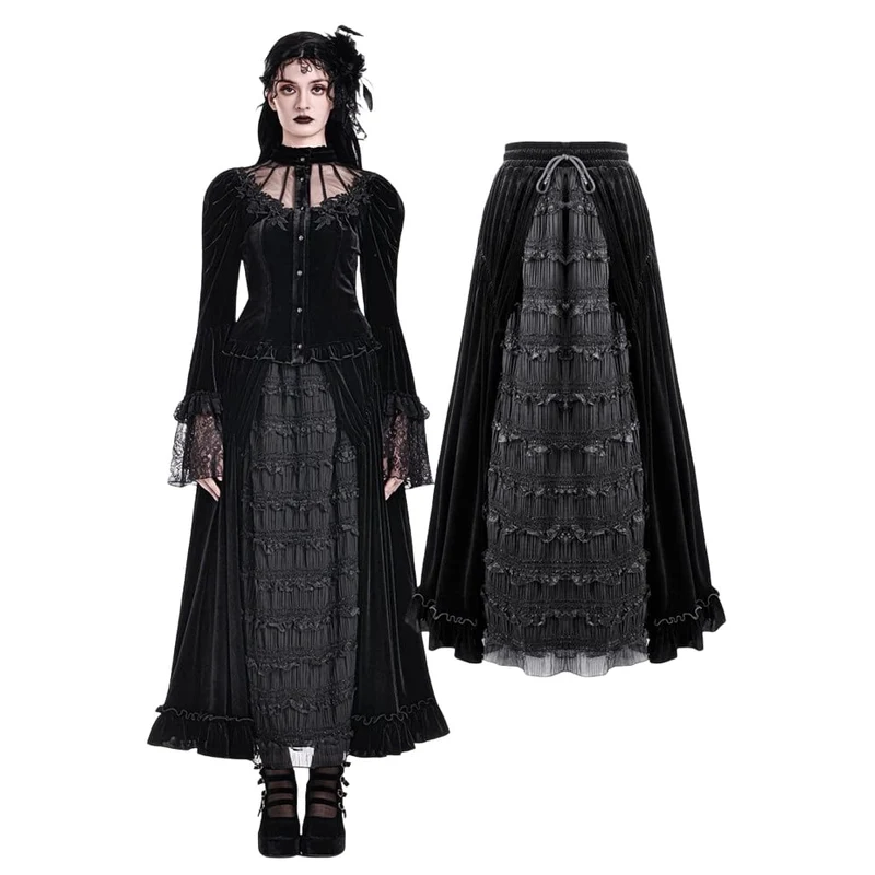 Gothic-Lagenrock aus Samt mit Falten, Mesh-Einsätzen und A-Linien-Design für Damen