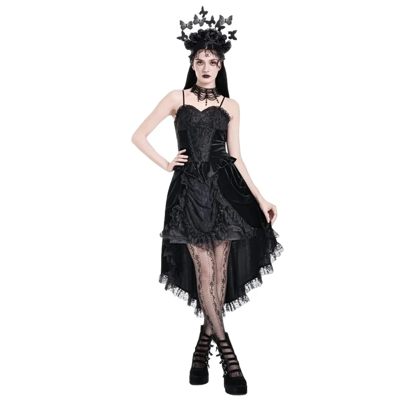 Gothic-Samtrock für Damen mit Schnürung, Rüschen und asymmetrischem Saum