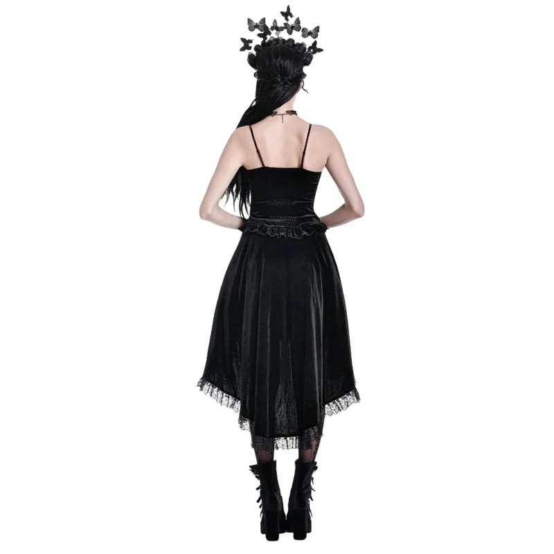 Gothic-Samtrock für Damen mit Schnürung, Rüschen und asymmetrischem Saum