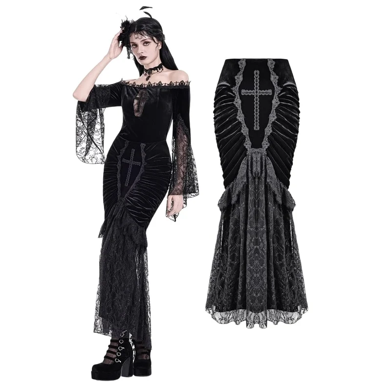 Gothic-Meerjungfrauenrock aus Samt mit floralem Spitzen-Patchwork, gerafftem Kreuzmuster und Zierelementen